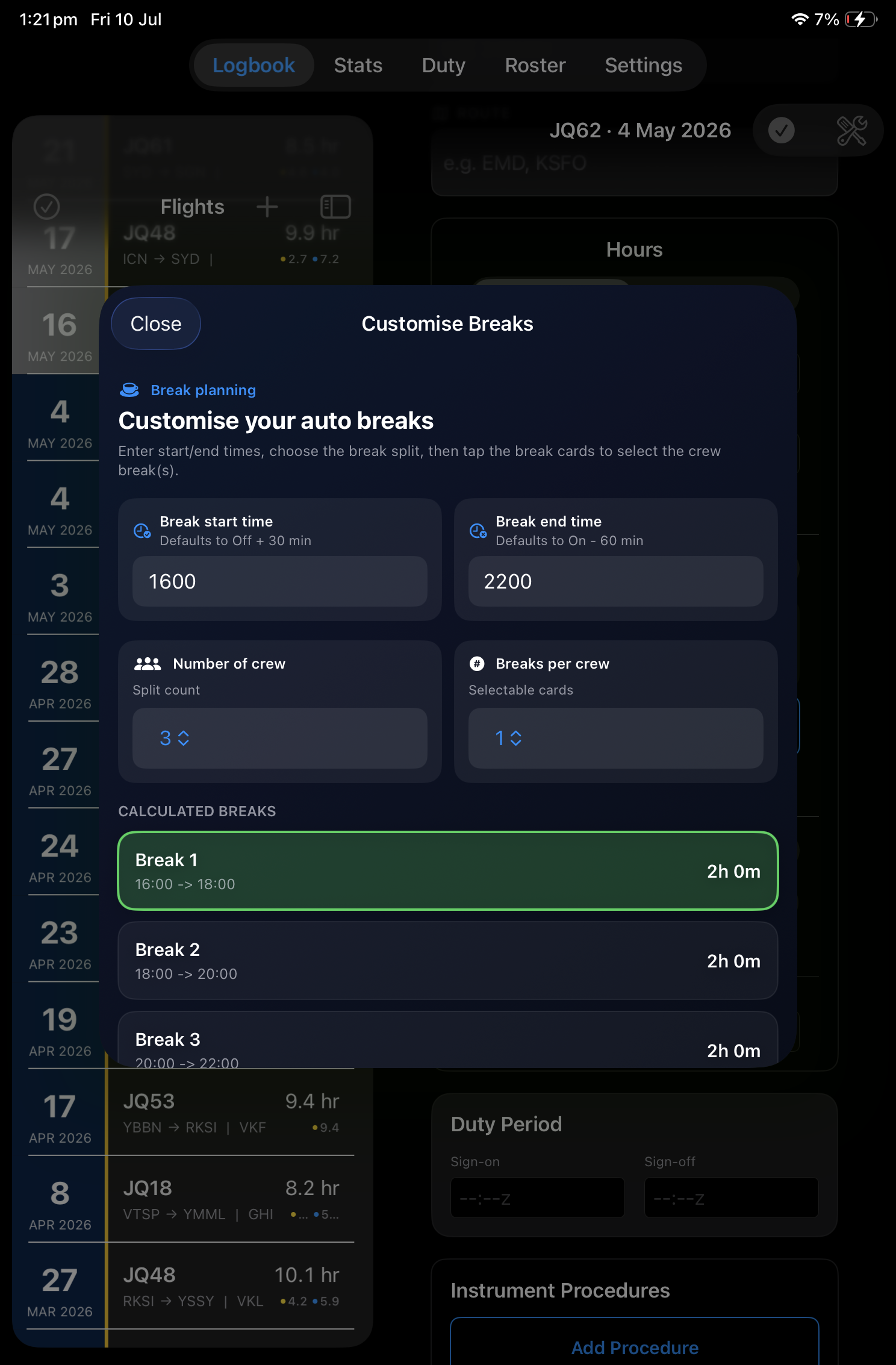 AirBook break time calculator