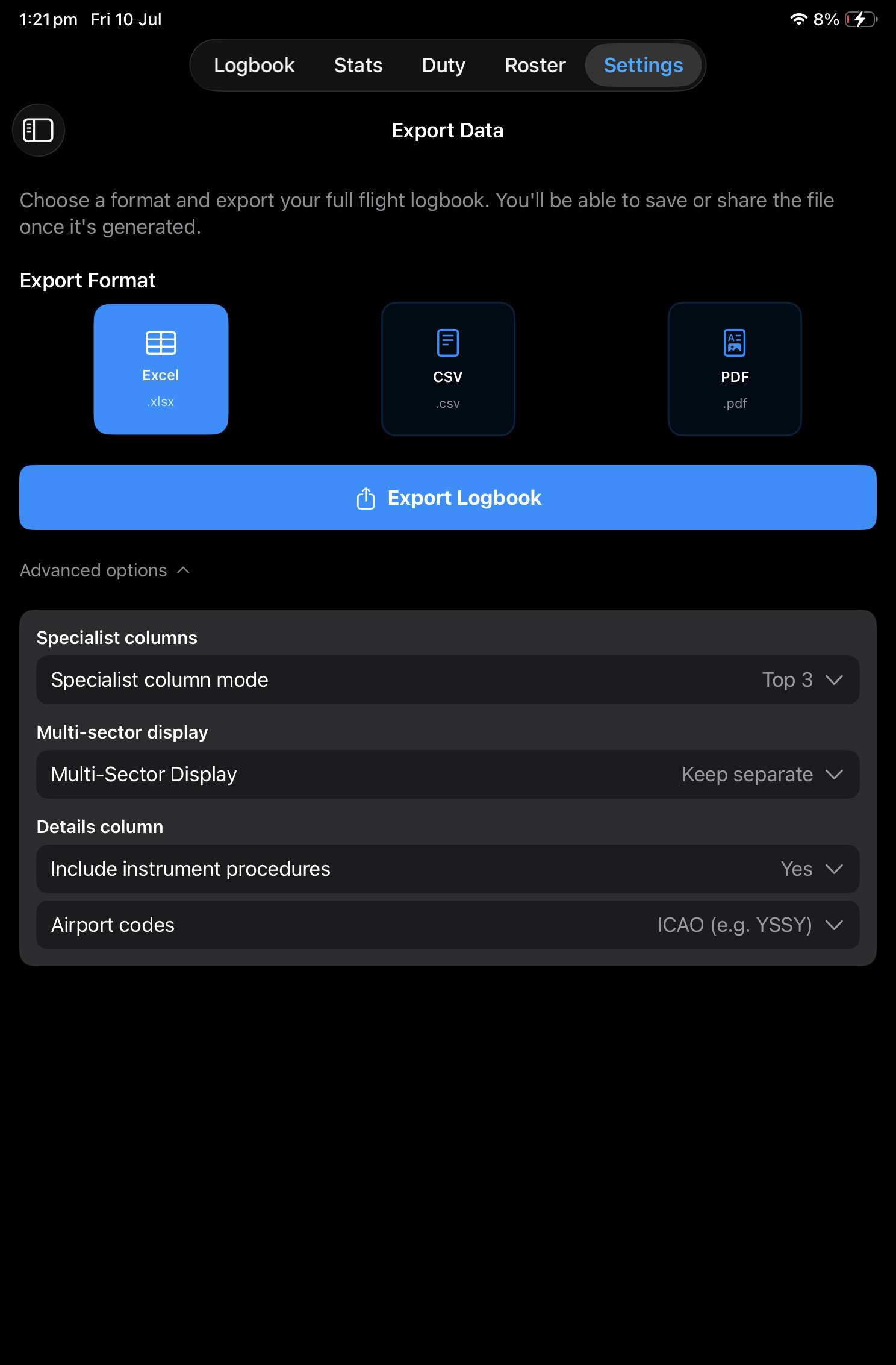 AirBook logbook export to CSV, Excel, and PDF