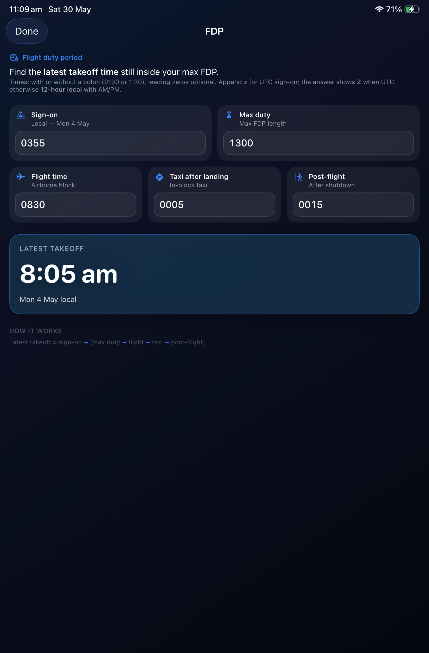 AirBook FDP calculator