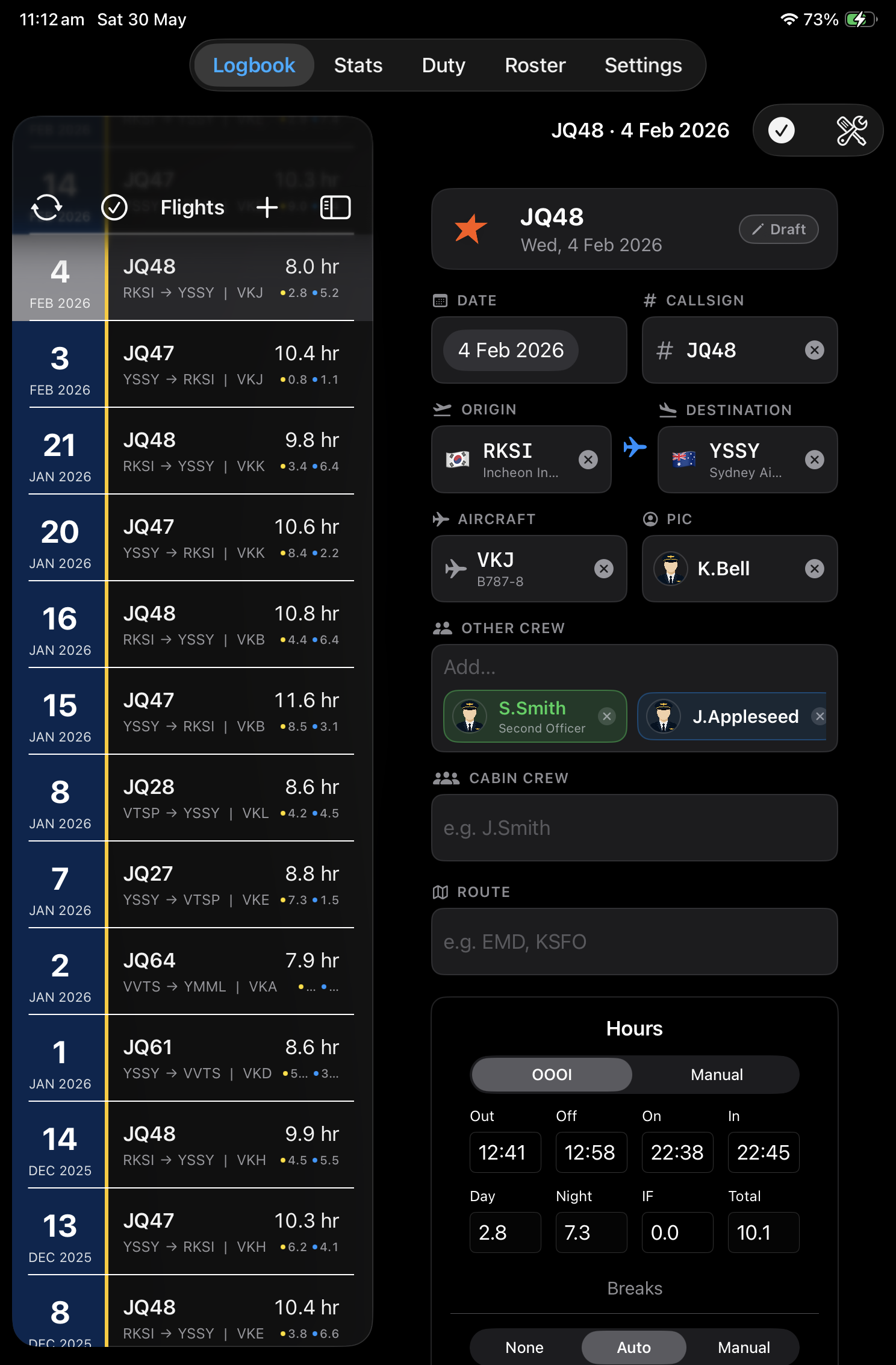 AirBook logbook entry editing view