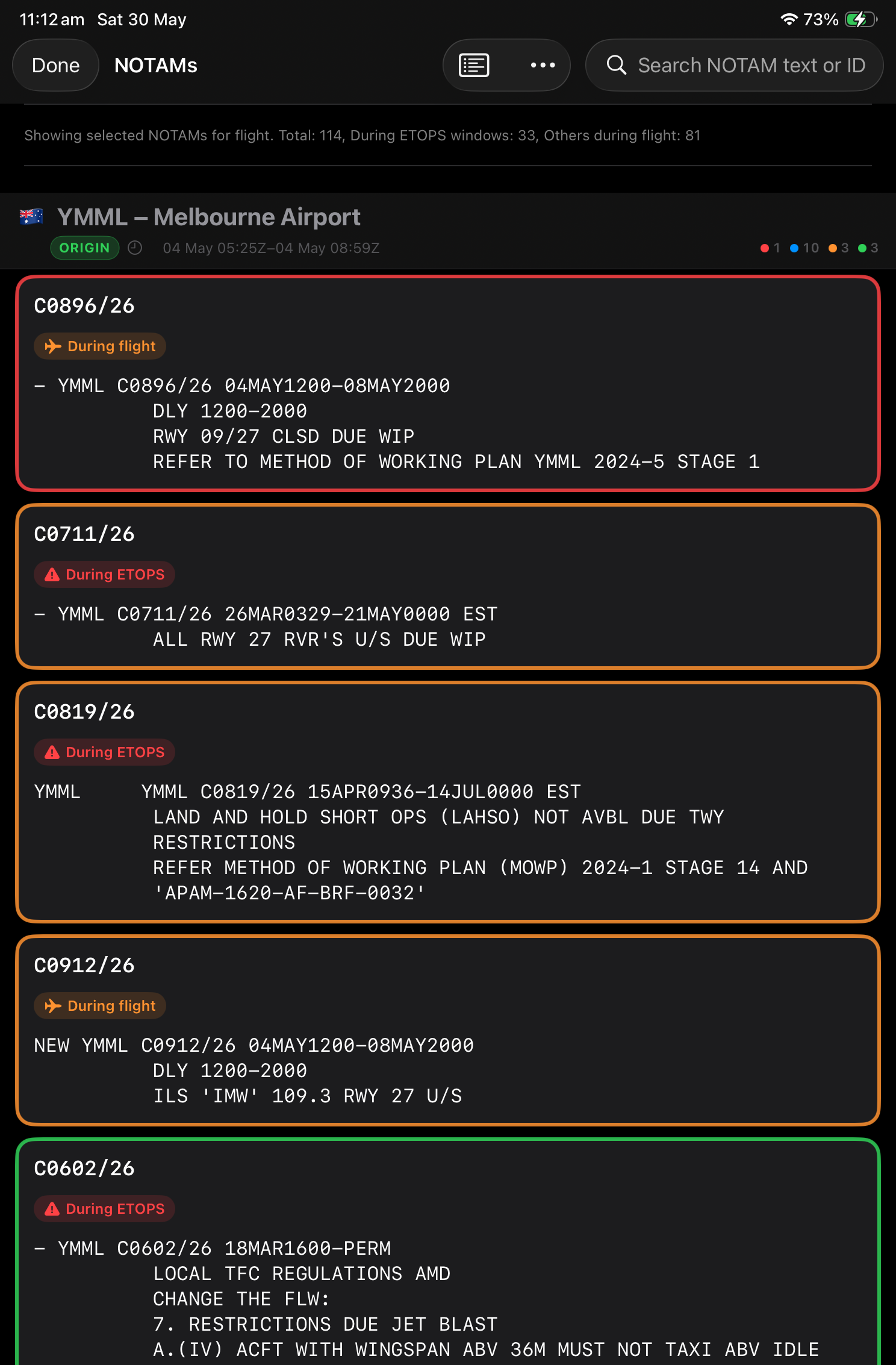 AirBook NOTAM briefing view showing triaged items