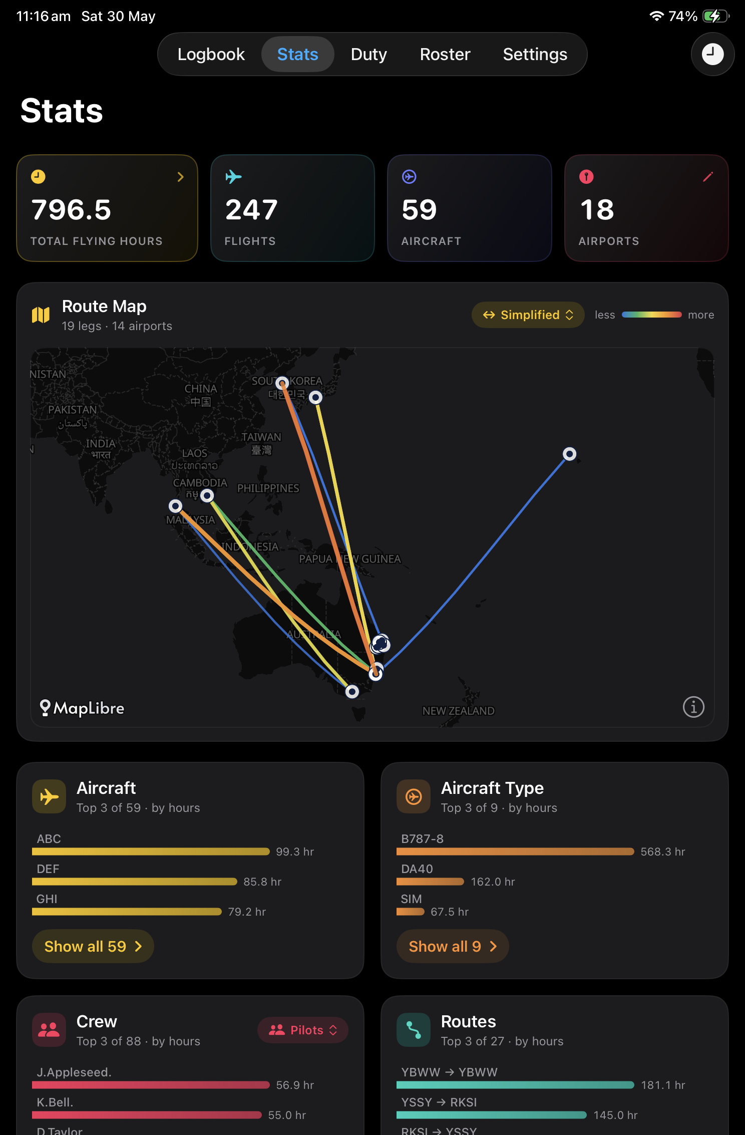 AirBook statistics and route map view