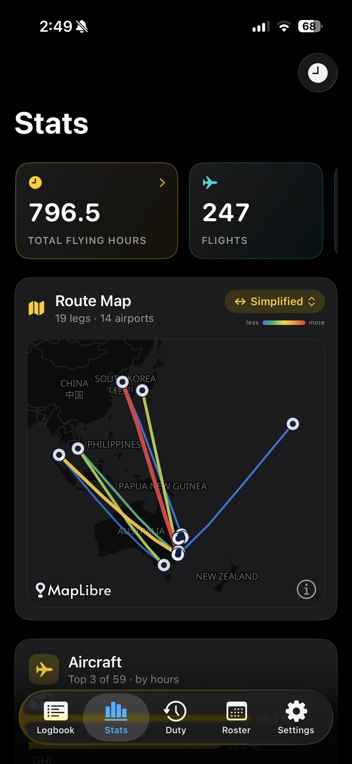 AirBook on iPhone showing route statistics